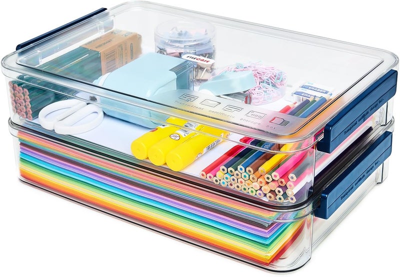 CATOOMUU 2 Pcs 5.5qt 9 x 13 Plastic Portable Project Case With Snap-Tight Latch Clear Stackable Storage Box With Lids Organizer Container For A4 File Photo Documents Scrapbook Craft Art Supplies - Image 1